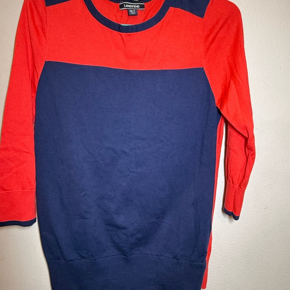 Lands' End Women's Salmon Red and Navy Crewneck Sweater
